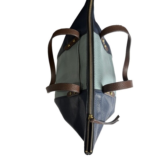 Fossil Jenna Color Block Pebbled Leather Shoulder Bag Tote Navy Blue Brown - Picture 3 of 10